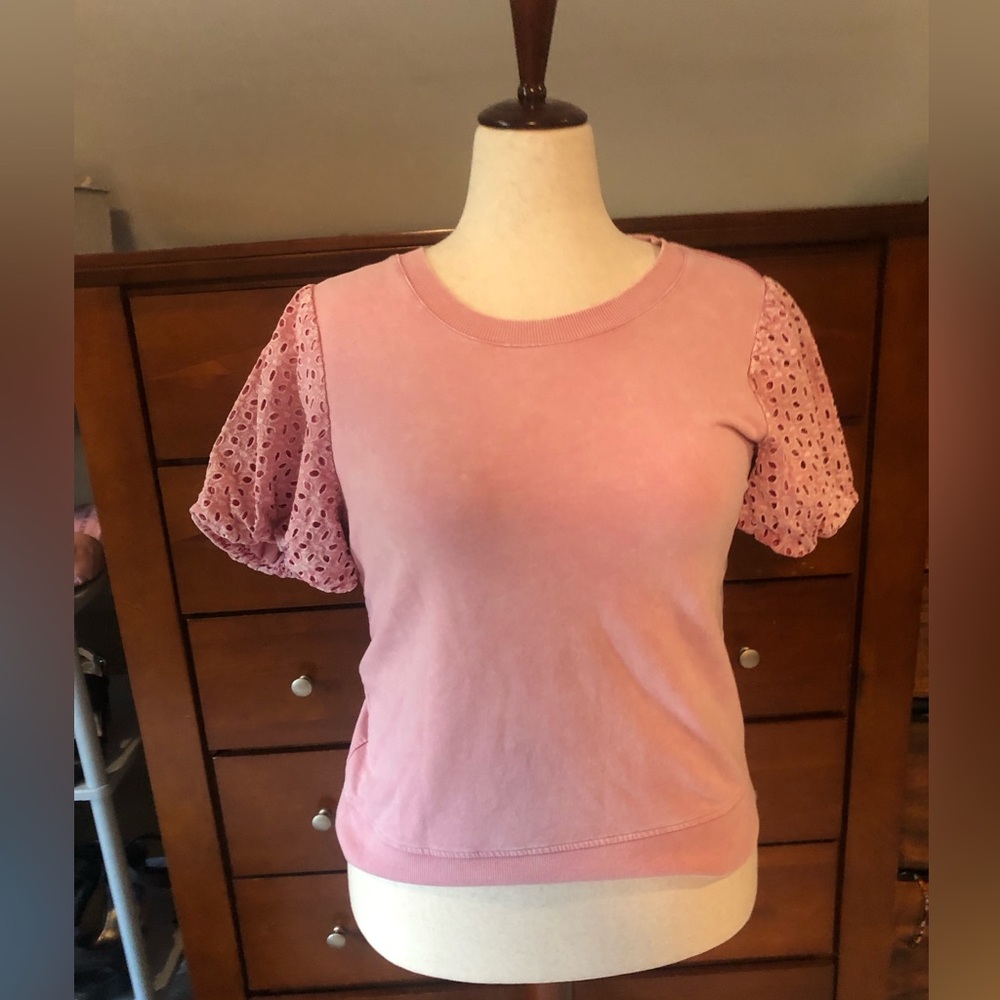 Jane and Delancey Dusty Pink Eyelet Puff Sleeve Tee